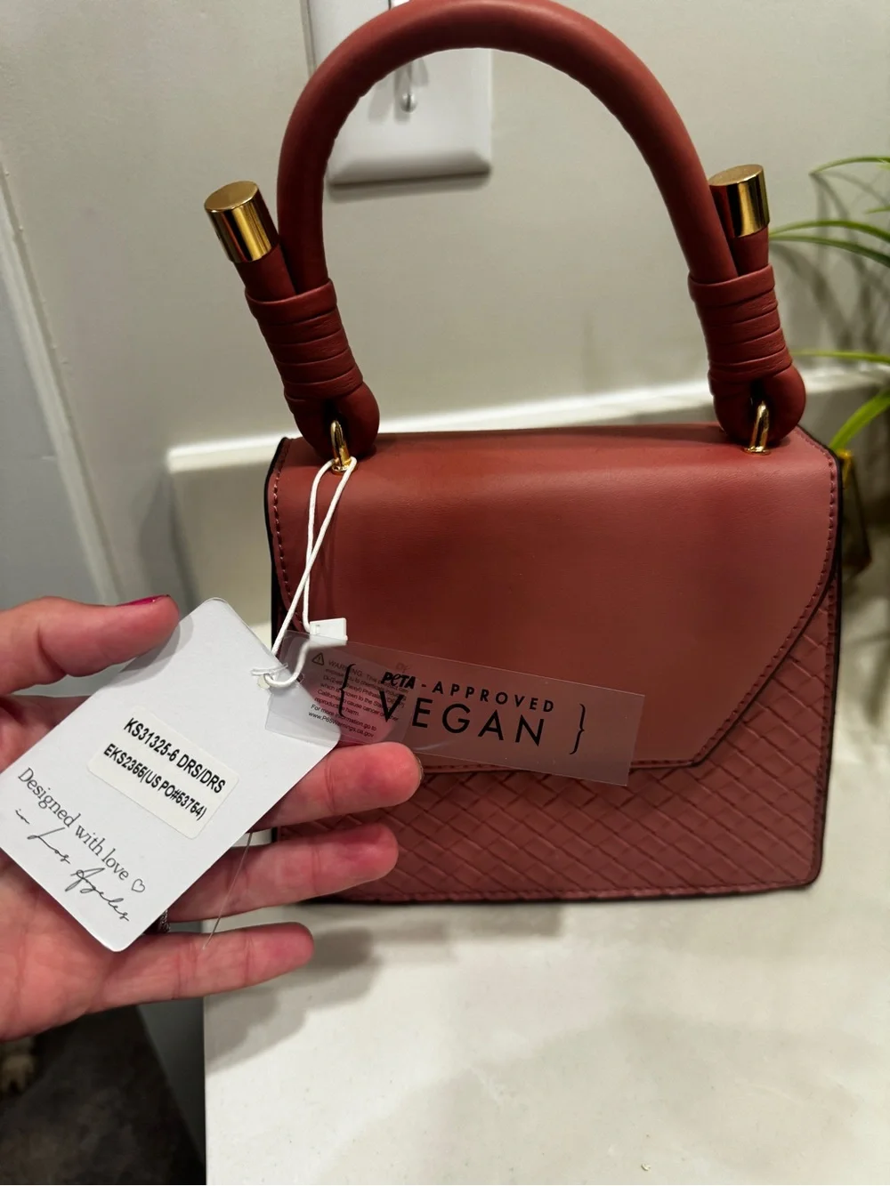 Stylish Woven-Accent Top Handle Bag in Blush pink (it’s not red)